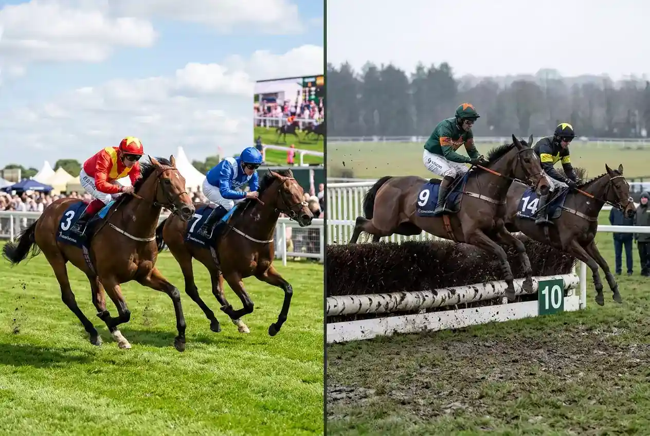 Flat racing sprint finish compared with horses jumping a steeplechase fence
