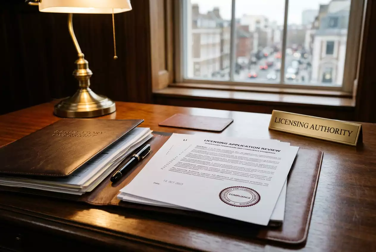 Official documents and a UKGC licensing badge representing UK gambling regulation
